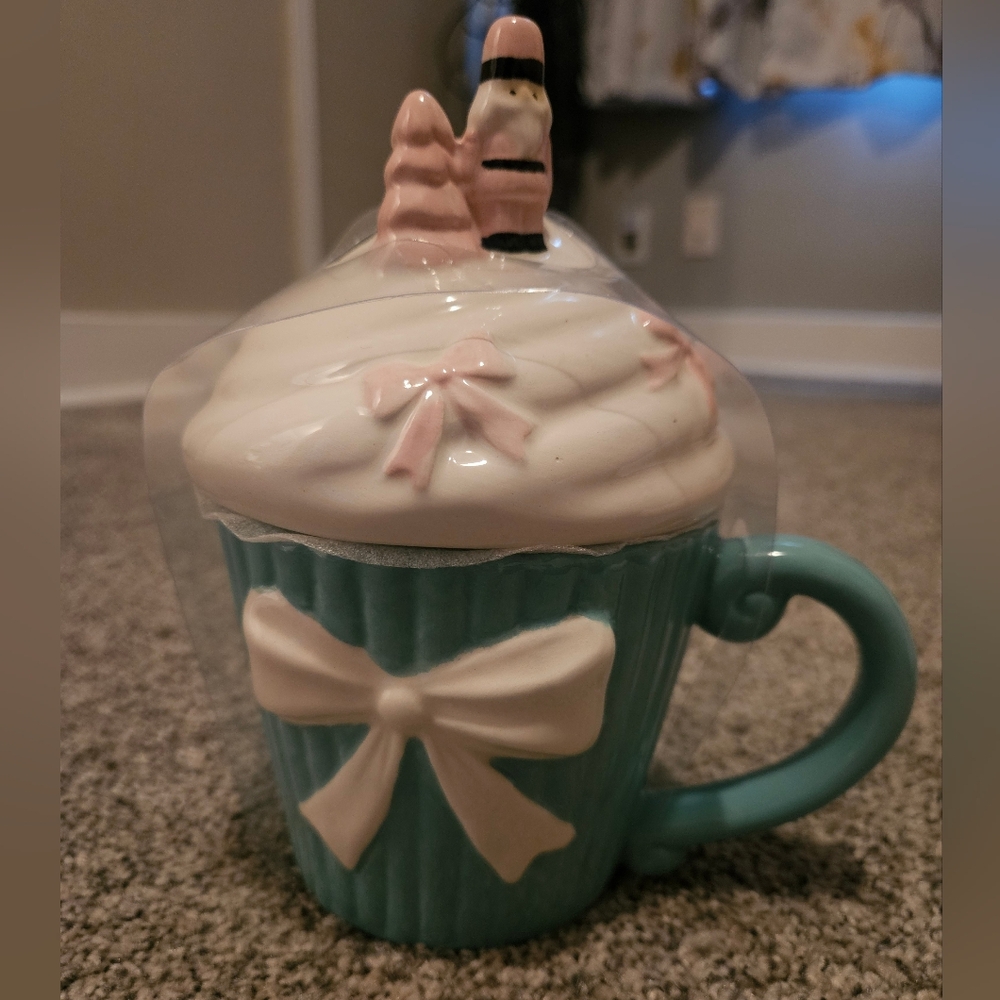 Bow Mug With Santa & Tree Lid Topper Christmas Pink & Blue